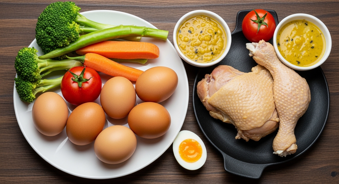 Healthy plate with eggs, vegetables, chicken and dal